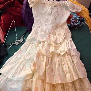 Girls Cream Floral Tiered Ruffle Dress